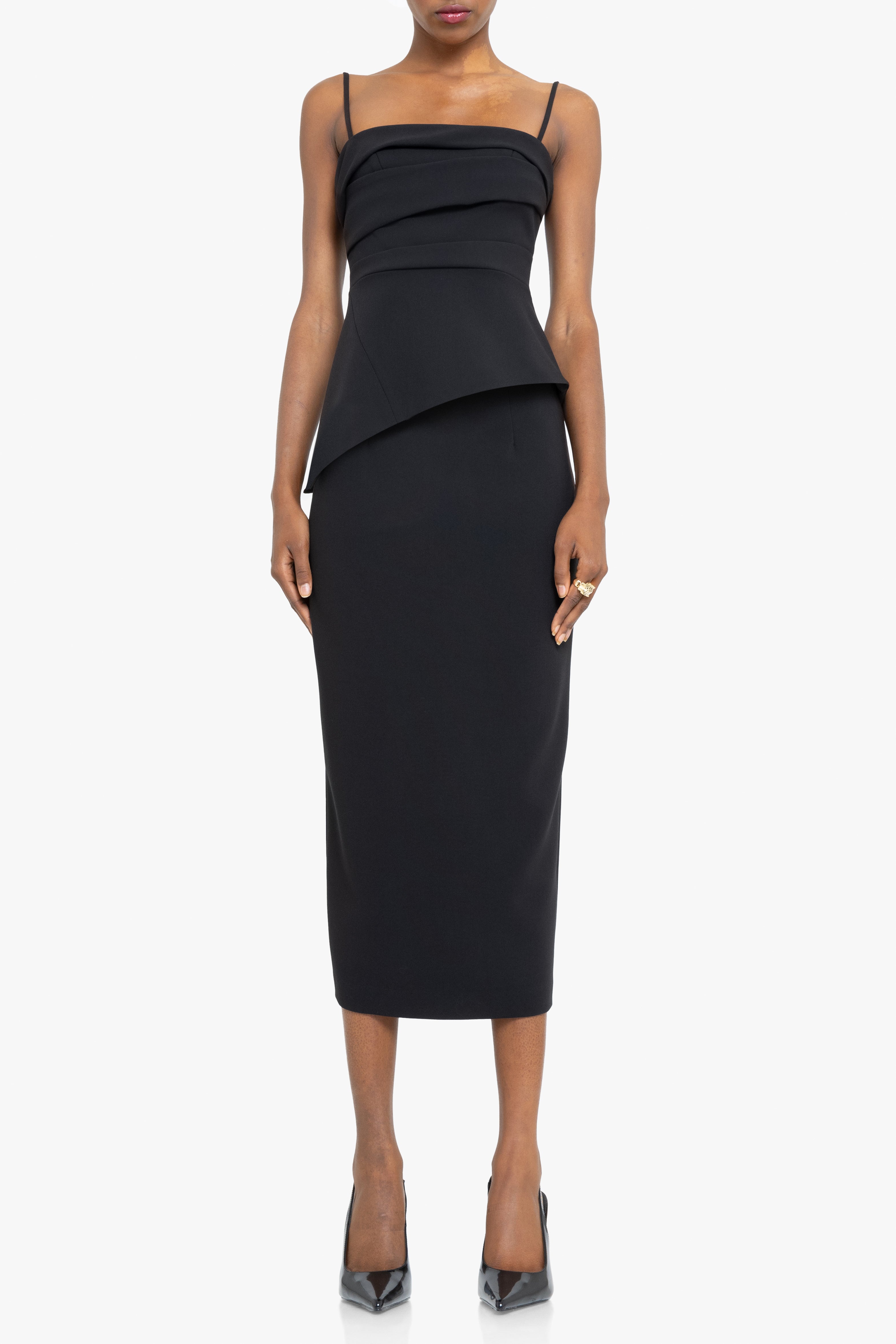 black halo midi dress Black Halo Vionna Midi Dress in Glistening Black Suite 201