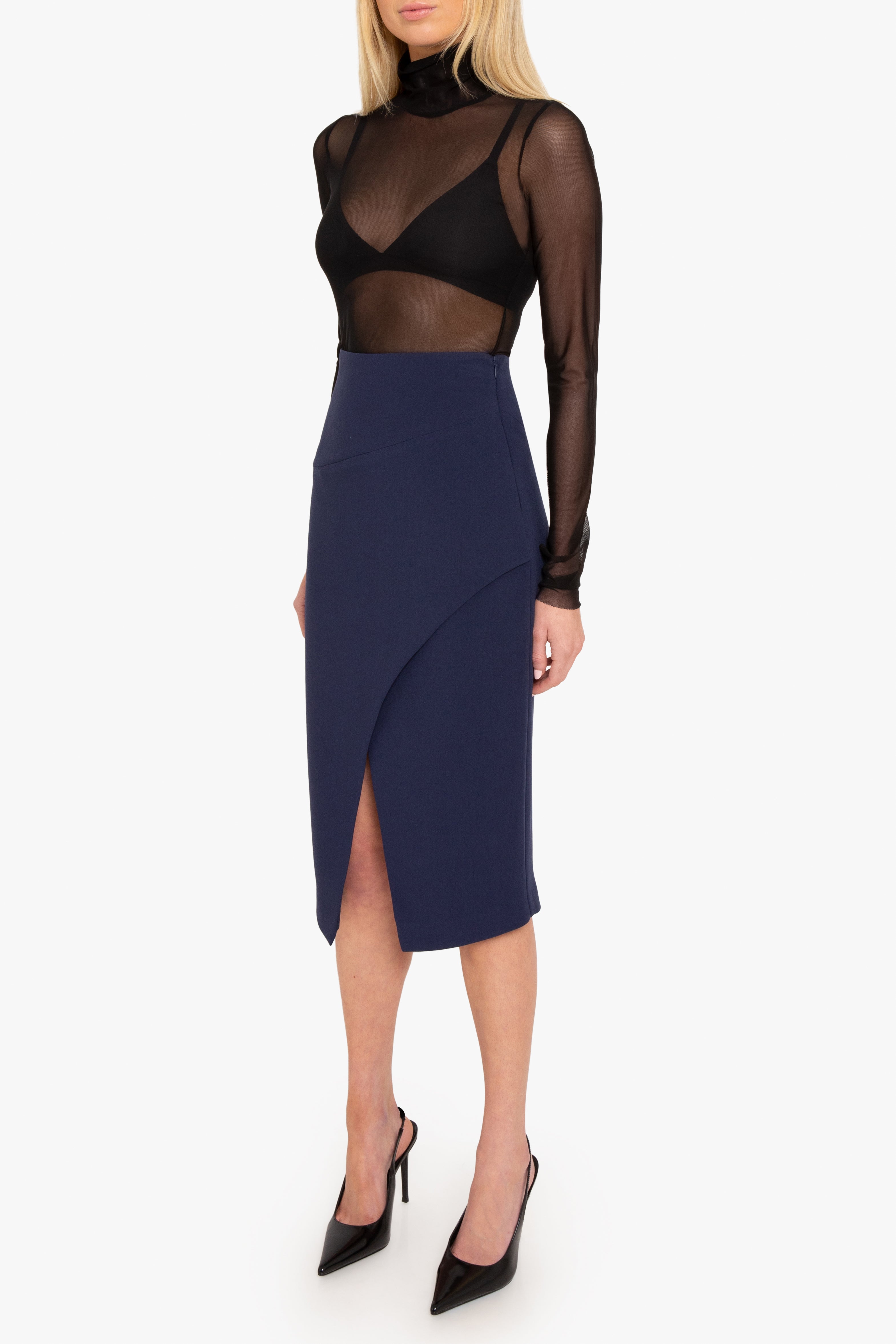 navy blue pencil skirt dress NAVY PENCIL SKIRT | Womens High Waist Midi Pencil Skirt in Navy Blue. Vintage Style Knee Length Bodycon Fitted Wiggle Skirt for Work, Casual