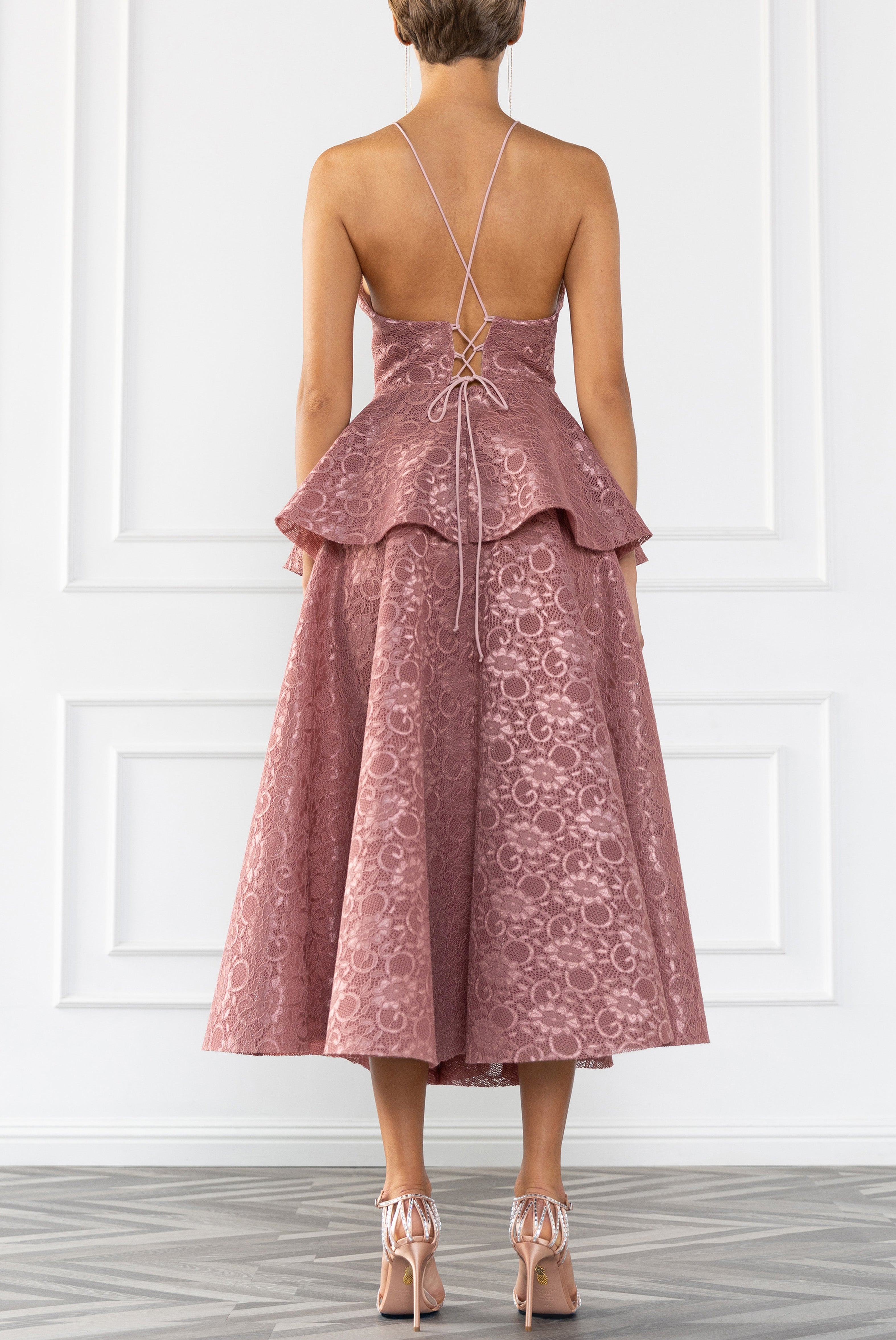 Black Halo Women's Almira Bonded Lace Peplum Cocktail Dress - Desert Rose