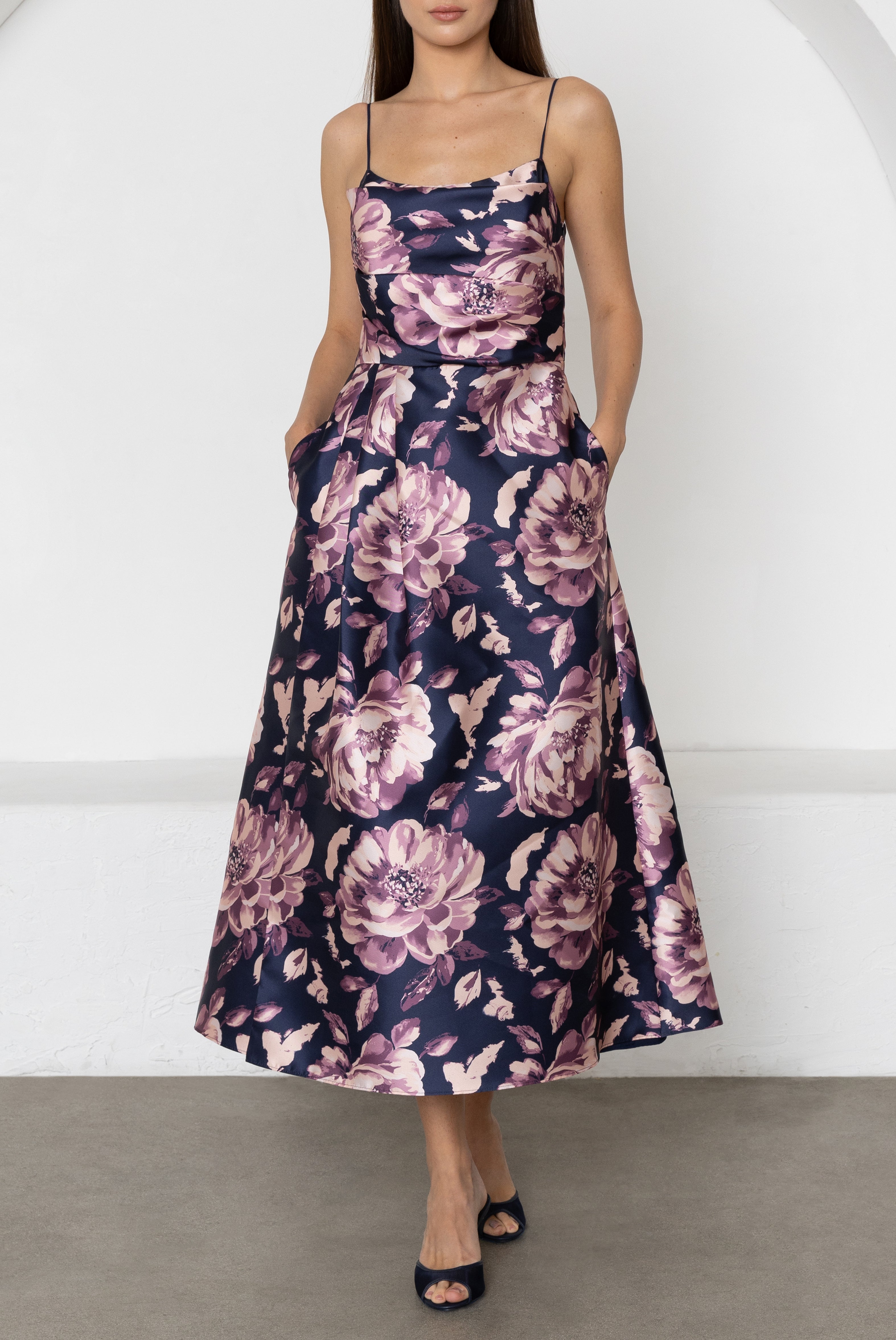 Black Halo Cayetana Floral Satin Midi-Dress, Peony Du Soir, Women's, 4