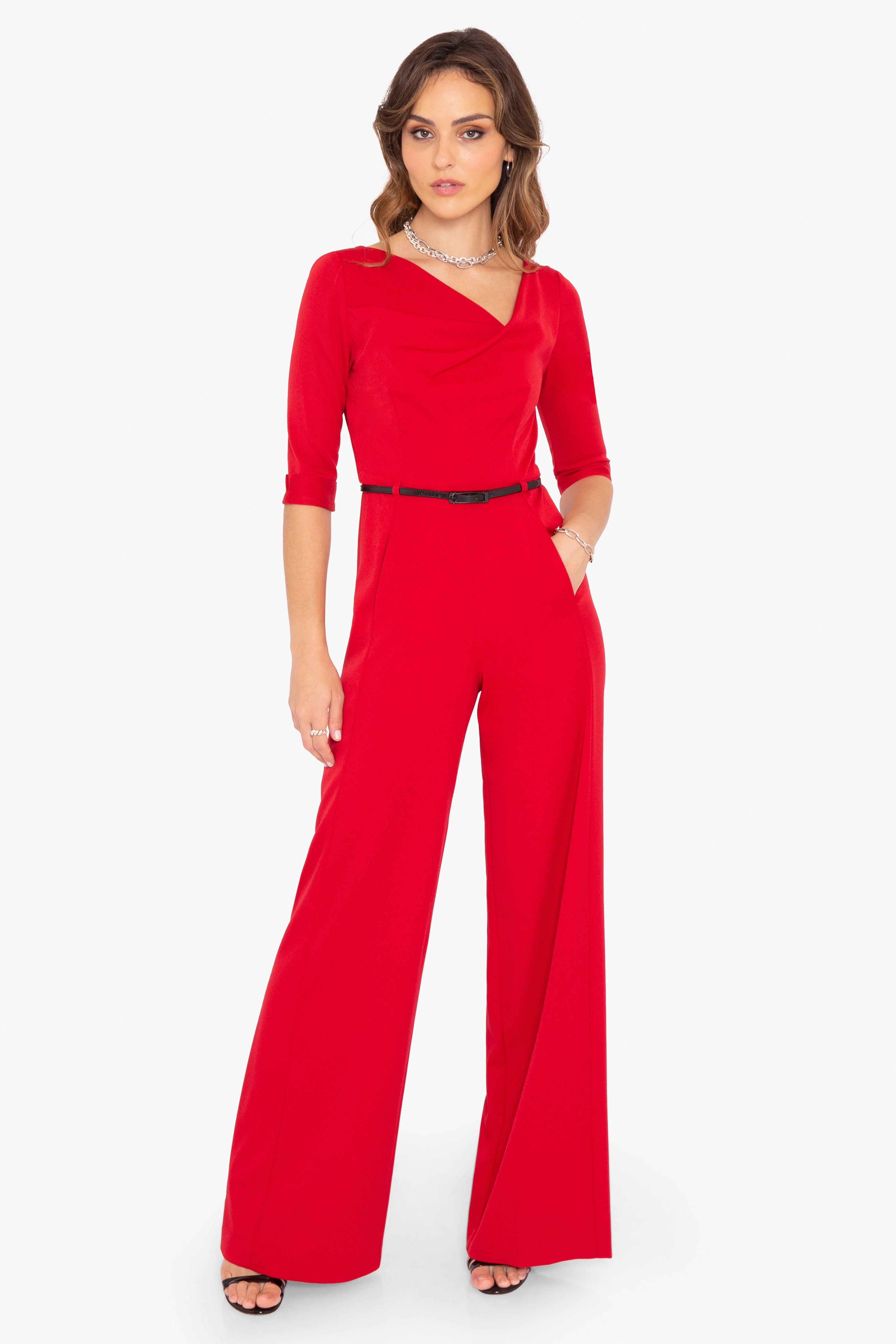 3/4 Sleeve Jackie Jumpsuit | Black Halo | Wide Leg | Leather Belt